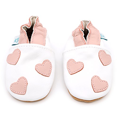 Dotty Fish Zapatos de Cuero Suave para bebés. Antideslizante. Corazones Blancos y Rosados. 6-12 Meses (19 EU)