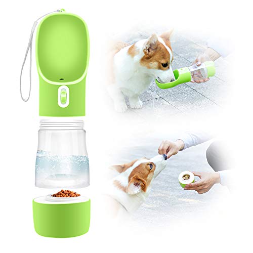 Eastlion Botella de Agua para Perros Portátil,2 en 1 Gatos Dispensador de Agua con Contenedor de Comida,a Prueba de Fugas,Mascotas Botella para Beber para al Aire Libre Viajar Caminar (Verde)