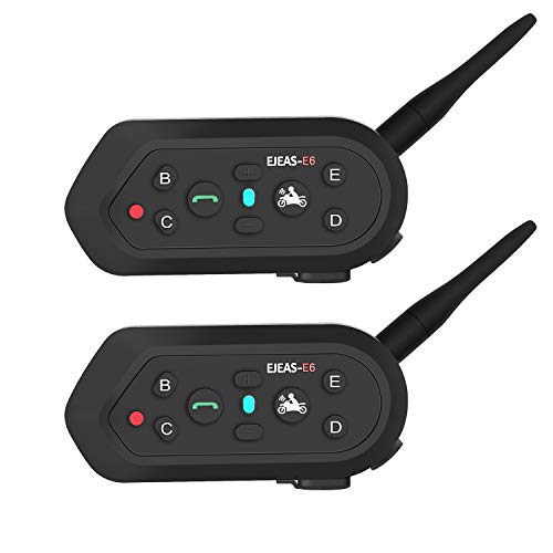 EJEAS® E6 Casco de Motocicleta Intercomunicador Bluetooth para 6 Corredores 1200m con Sonido de Alta Fidelidad VOX Función de Música Impermeable para Montar, Esquiar y Escalar (Paquete de 2)