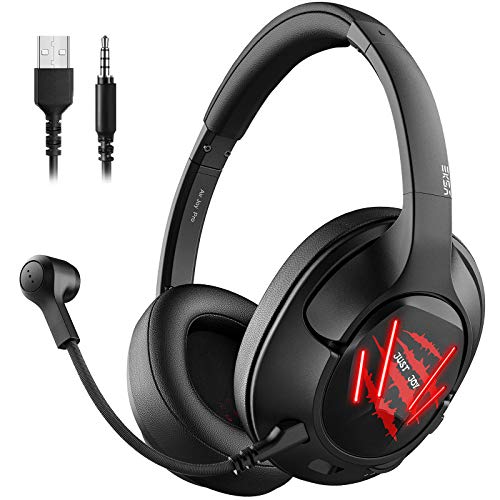 EKSA Auriculares ultraligeros para juegos de PC, PS4, Xbox One S/X, Nintendo Switch, Android 7.1 con orejeras transpirables, micrófono con cancelación de ruido, auriculares para juegos de PC