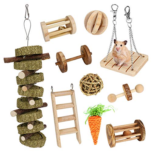 Ertisa Juego de 10 Juguetes para Masticar hámster, Gerbil Rat Guinea Pig Chinchilla Chew Toys, Mancuernas de Madera Natural Ejercicio Bell Roller Dientes Cuidado Molar Juguete para Conejos Pájaro Ertisa Juego de 10 Juguetes para Masticar hámster, Gerbil Rat Guinea Pig Chinchilla Chew Toys, Mancuernas de Madera Natural Ejercicio Bell Roller Dientes Cuidado Molar Juguete para Conejos Pájaro