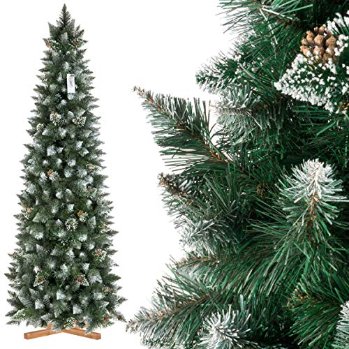 FairyTrees Árbol de Navidad Artificial Slim, Pino Verde Natural Cubierto de Nieve, PVC, con piñas Naturales, Soporte de Madera, 220cm, FT09-220