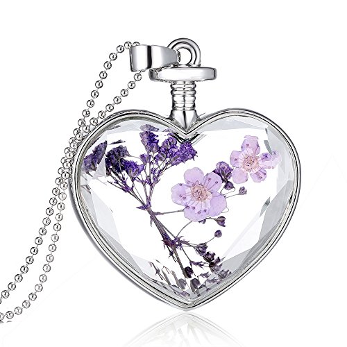Feilok Collar largo con colgante de cadena de cristal transparente clásico en forma de corazón con flores secas de lavanda