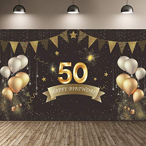 Feliz 50 cumpleaños Fiesta telón de Fondo Banner Suministros de decoración, Tela Negra y Dorada Cartel de Cartel para Feliz 50 cumpleaños Fiesta fotomatón Fondo Banner