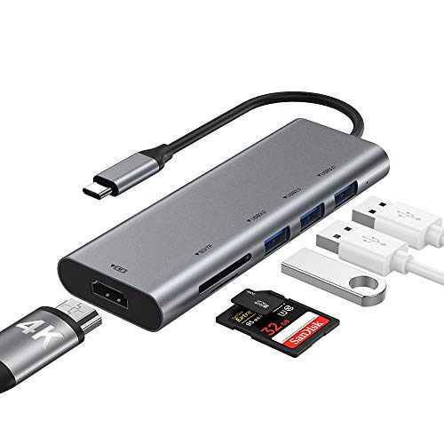 FLYLAND Adaptador USB C 6 en 1, tipo C 4 K, HDMI, 3 puertos USB 3.0, ranuras para tarjetas SD/TF, para MacBook Pro Air, Dell XPS y otros equipos tipo C.