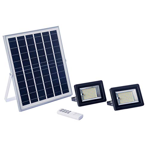 Foco Solar LED 64W, Luz Cálida 2700K, Iluminación Exterior con Panel Solar, Batería, Mando a Distancia, Autonomía 8-15 Horas (Luz Cálida 2700K, 2 Focos 64W)