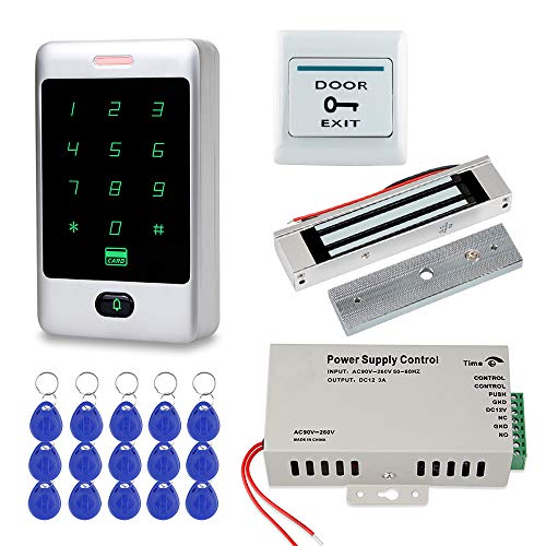 FST Kit de Sistema Control Acceso a la puerta Teclado RFID Teclado de Metal Táctil + Cerradura Magnética Eléctrica 180 KG + Tarjeta de llaveros RFID de 15 piezas para el Hogar
