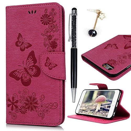 Funda iPhone 6 Plus, iPhone 6S Plus Funda Libro de Cuero Impresión de Suave PU Premium e Silicone TPU Carcasa, Correa de mano, Ranuras para Tarjetas, Cierre Magnético Mariposa Rosa caliente