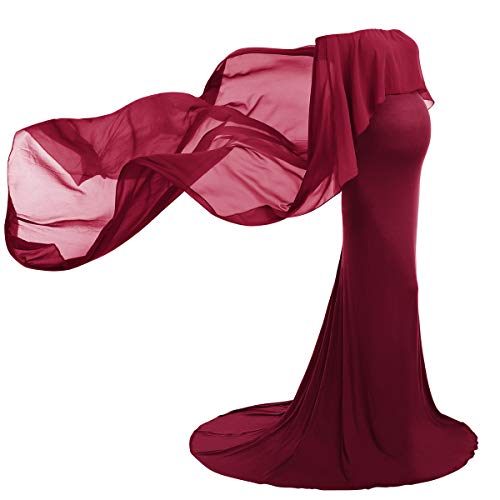 FYMNSI Vestido de maternidad para embarazadas, elegante, con hombros descubiertos, de gasa para mujer, para boda, para sesiones de fotos, ropa premamá borgoña L FYMNSI Vestido de maternidad para embarazadas, elegante, con hombros descubiertos, de gasa para mujer, para boda, para sesiones de fotos, ropa premamá borgoña L