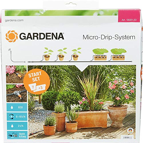 Gardena 13001-20 Set de inicio para macetas M, práctico, con sistema de riego por goteo Micro-Drip para 7 macetas y 3 tinajas, riego con ahorro de agua