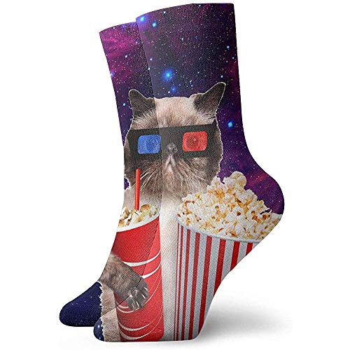 Gato con palomitas de maíz y bebida Mirando películas Novedad Calcetines deportivos Calcetines atléticos Medias 30Cm