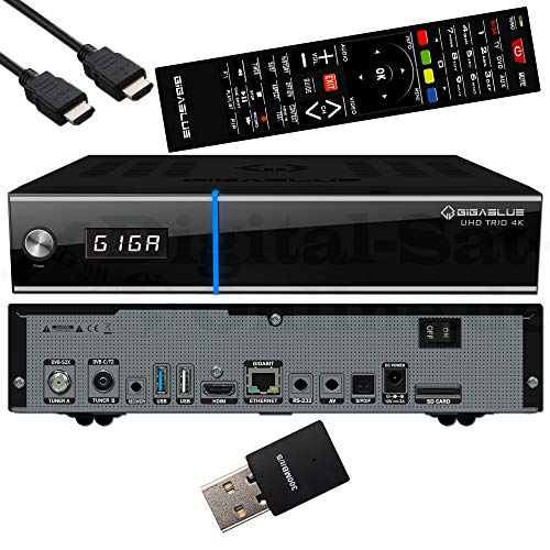 GigaBlue UHD Trio 4K - Receptor combinado para satélite, cable y señal terrestre - E2 Linux TV Smart TV Box y reproductor multimedia con función PVR + cable HDMI EasyMouse y USB WLAN de 300 Mbit