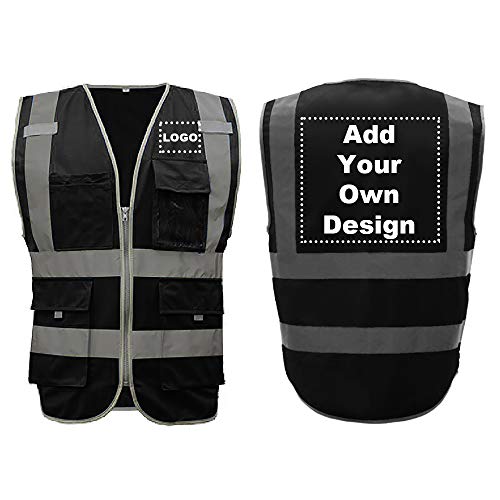 GOGO Chaleco de seguridad de alta visibilidad Logotipo personalizado 8 bolsillos negro tamaño grande trabajo al aire libre reflectante chaleco Black XL