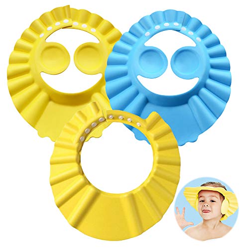 Gorro de Ducha para Bebé, ZoneYan 3pcs Gorro de Baño para Bebés, Visera Baño Bebe, Champú Ajustable para Bebé, Visera Baño Orejeras Bebe, Evite que el Agua Fluya a Ojos y de la Cara(Amarillo Azul)