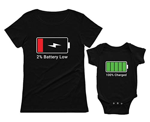 Green Turtle Ropa Mama Bebe, Regalo Mama Primeriza - Battery Charge Set Camiseta Mujer y Body bebé Mamá Negro Medium/Bebé Negro 9-12 Mes