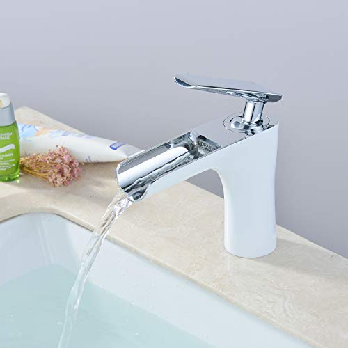 Grifo para lavabo del baño Grifo de cascada Grifo con acabado en blanco Cromo, Grifo de una sola palanca para baño 1 orificio Montaje Leekayer, LK67749W