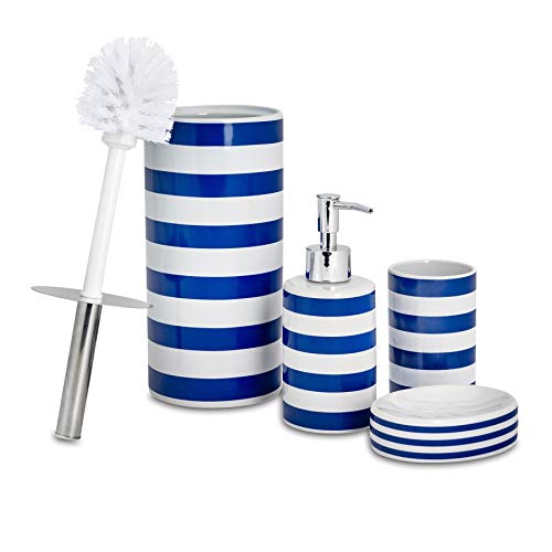 Harbour Housewares Set de baño de 4 Piezas - Dosificador de jabón, Vaso para cepillos de Dientes, jabonera y escobilla - Rayas Azul Marino