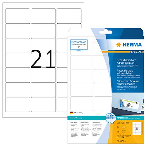 Herma 5074 - Pack de 525 etiquetas, 63.5 x 38.1 mm, color blanco