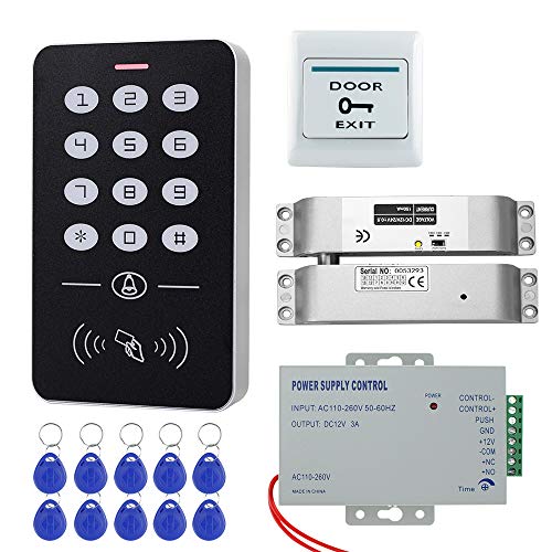 HFeng Kit Sistema Control Acceso Completo Cerradura Perno de caída Eléctrica + Teclado Control Acceso RFID + fuente de alimentación + 10pcs Keyfobs Card RFID para Sistema Entrada de puerta