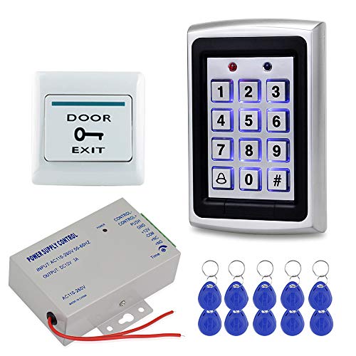HFeng Kit Sistema Control Acceso Metal Teclado RFID 125KHz Card Reader WG26 + Controlador Fuente Alimentación DC12V 3A + Botón Salida Puerta + 10pcs Keys Card (Without Lock)