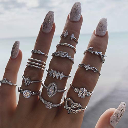IYOU Juego de anillos de piedras preciosas vintage de plata de cristal, anillos de apilamiento bohemio, flores, luna, anillos medios, joyería para mujeres y niñas (15 piezas)