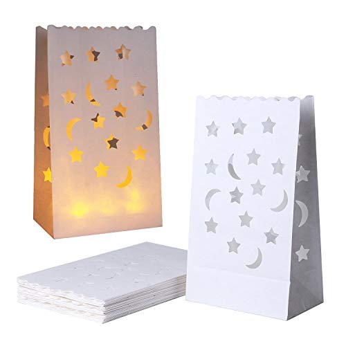 JAHEMU Bolsas para Velas Candle Bags Bolsas de luz Linternas de Papel Blanco Decorados para fiestas 20 pieza (Diseño de luna y estrellas)