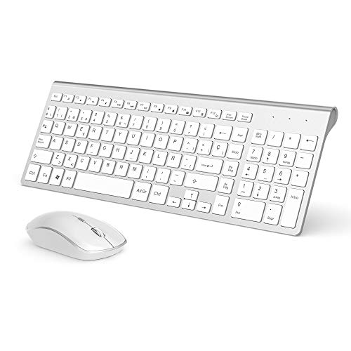 JOYACCESS Teclado y Ratón Inalámbrico,Español QWERTY Teclados Inalambricos,Compacto Delgado Teclado y Ratón,2400DPI Ergonómico Silencio Ratón Inalámbrico para PC,Portátil,Smart TV,Windows-Blanco Plata