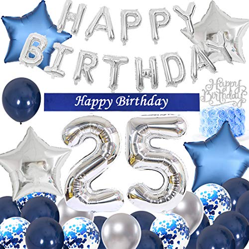 JOYMEMO Decoraciones para Fiestas de cumpleaños 25 Azul Plateado para Hombres, Feliz CUMPLEAÑOS Globo, Faja de Pastel, Globo de Confeti Estrella para Fiesta