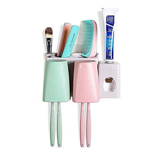 Juego de almacenaje montado en la pared del soporte del cepillo de dientes,Equipado con pasta de dientes automática 2 tazas y 2 ranuras