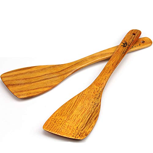 Juego de espátulas de madera de 2 piezas para cocinar - Espátula de cocina de madera con mango largo de 30 cm Madera dura Ideal para sartenes, utensilios de cocina y wok