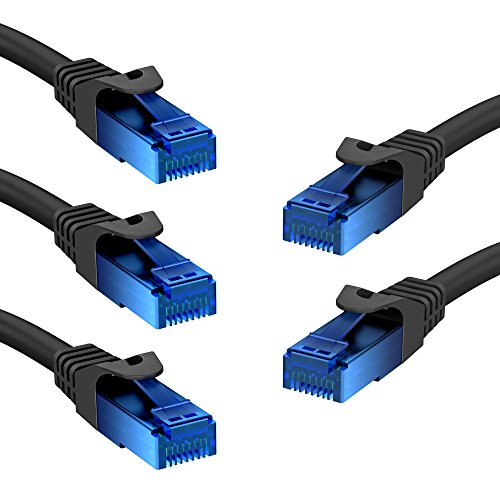 KabelDirekt – 5X 5m – Cable de Ethernet y Cable de Parche/de Red (Conector RJ45, para máxima Velocidad de Fibra óptica, Ideal para Redes gigabit/LAN, Router/módems, Conectores Switch, Negro)
