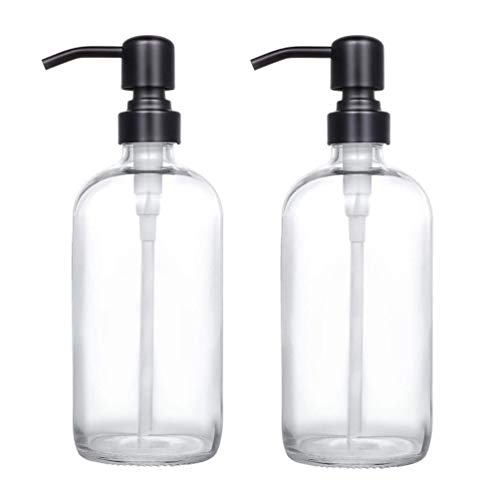 Kaiking 2 Paquete 16 onzas de Vidrio Transparente Boston Round Bottles Dispensador con Bomba de Acero Inoxidable Rustproof Pump para aceites Esenciales, Lociones Detergente (Black)