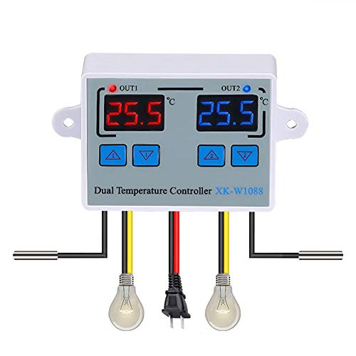 KKmoon Termostato Digital Controlador de temperatura de termostato digital dual Termorregulador de salida de dos relés para incubadora Calefacción Refrigeración XK-W1088 DC12V/24V/AC 220V