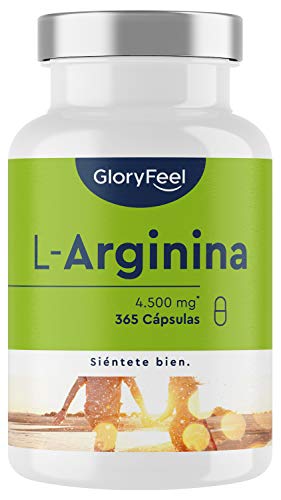 L-Arginina - 365 cápsulas veganas - 4500mg de L-Arginina HCL vegetal por dosis diaria (= 3750mg de L-Arginina pura) - Probado en laboratorio, alta dosificación