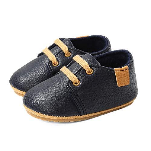 LACOFIA Zapatos Oxford con Cordones para Bebé Niños Zapatillas Primeros Pasos Antideslizantes para Bebés Azul Marino 12-18 Meses