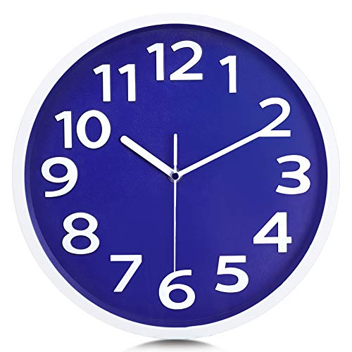 Lafocuse Reloj de Pared Azul Oscuro Números 3D Grandes Reloj de Cuarzo Educativo Silencioso Fácil de Leer para Niños Salon Habitacion Escuela 30cm