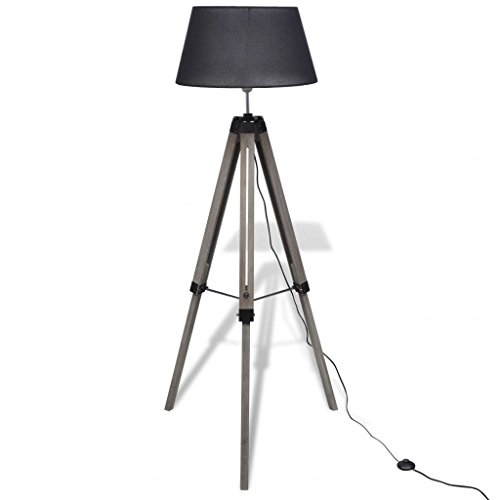 Lámpara de pie ajustable con trípode de madera con pantalla de tela, color negro, para salón con interruptor de pie negro ON/OFF
