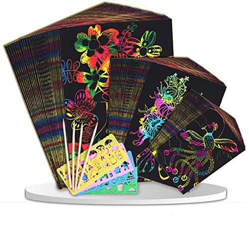 LEDM Scratch Art para niños, Papel para rascar arcoíris 50 Hojas (16K) con 5 bolígrafos de bambú, 4 Plantillas y 1 Pincel, Material de Arte y Actividad de Viaje