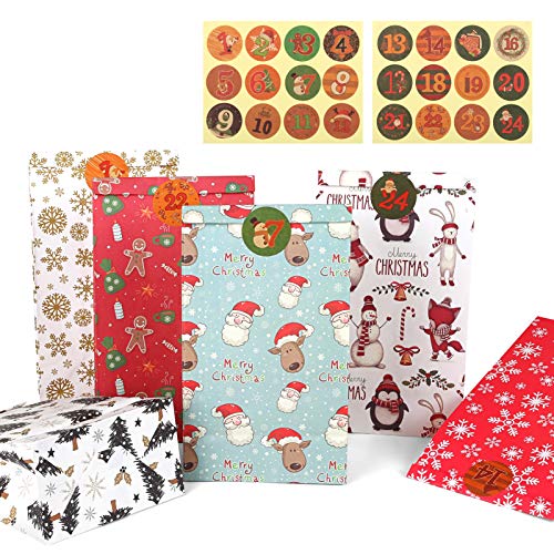 LEMESO 24 Bolsas para Regalo Navidad con Pegatinas 1-24 Número Navidad Calendarios de Adviento Bolsas de Papel de Colores- 12 x 7,5 X 20,5 cm, 6 estilos