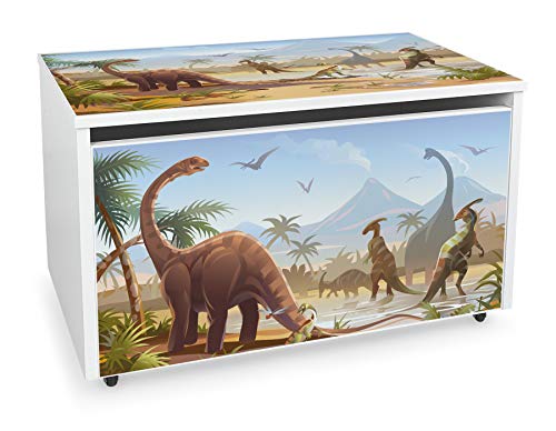 LEOMARK Blanco Caja de madera banco XXL con almacenamiento para juguetes con Asiento, Baúl de juguetes sobre ruedas, Dim: 71 cm x 40.5 cm x 45 cm/WxDxH/ (Dinosaurios)