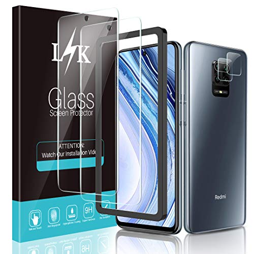 LϟK 4 Pack Protector de Pantalla para Xiaomi Redmi Note 9 Pro y Xiaomi Redmi Note 9s con 2 Pack Cristal Templado y 2 Pack Protector de Lente de Cámara - Doble Protección Kit Fácil instalación