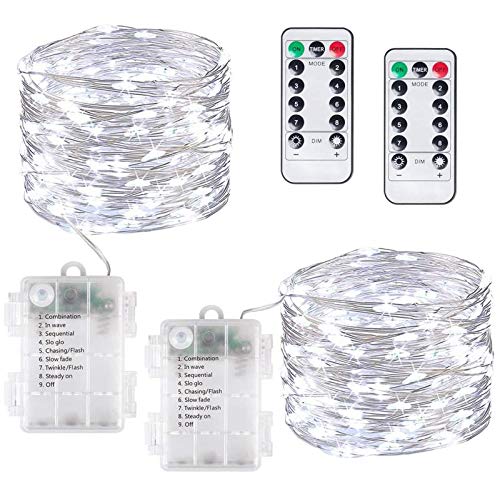 Luces de hadas, 2 unidades, 12 m 120 LED, funciona con pilas, alambre de cobre para interiores y exteriores, cadena de luces para decoración, bodas, cumpleaños, fiestas, Navidad (Blanco)