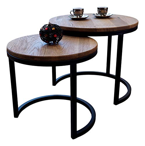 Lumarc Modena - Juego de dos mesas de salón y Side Table de madera maciza de roble natural con diseño moderno industrial minimalista, roble, 50/40 x 43/38 cm