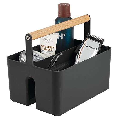 mDesign Caja organizadora para Cuarto de baño – Práctica Cesta con asa de Madera para el Almacenamiento de cosméticos – Organizador de baño portátil con 2 Compartimentos – Negro/Natural mDesign Caja organizadora para Cuarto de baño – Práctica Cesta con asa de Madera para el Almacenamiento de cosméticos – Organizador de baño portátil con 2 Compartimentos – Negro/Natural