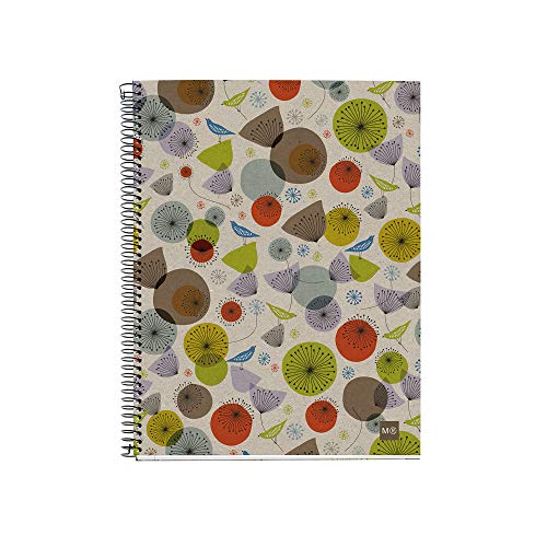 MIQUELRIUS - Cuaderno Notebook 100% Reciclado - 4 franjas de color, A4, 120 Hojas cuadriculadas 5mm, Papel 80 g, 4 Taladros, Cubierta de Cartón Reciclado, Diseño Ecobirds
