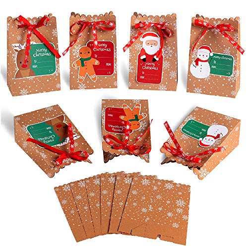 MonQi 24 pcs Cajas de Regalo Navidad, Bolsas de regalo navidad Papel Kraft con 24 Etiquetas Navideñas para Decoración de Navidad Caramelos Dulces Galletas Chocolates(12 x 7 x 18.5cm) (24pcs)