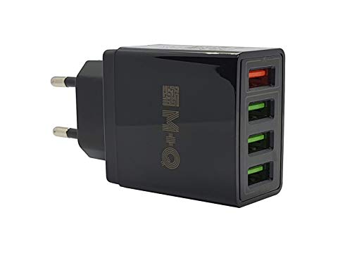 M+Q Cargador USB, Quick Charge 3.0 30W Cargador USB de Pared con 4 Puertos, Cargador Móvil Rápido de Pared Color Negro
