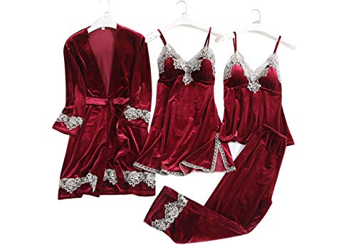 Mujer Camisones Conjunto de Pijama de Encaje Sexy Elegante Ropa de Interior Dormir Pijamas para Mujer Familias para Todas Las Estaciones Camisones (Rojo Oscuro 2, L)