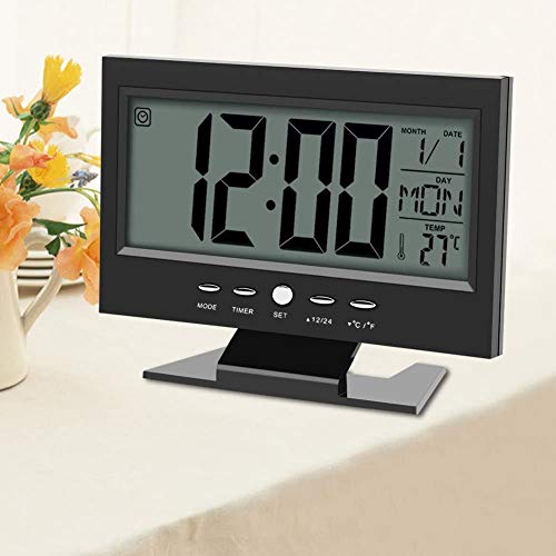 Multifunción Control de sonido Gran pantalla LCD digital reloj mesa escritorio tiempo de reloj despertador con calendario semanal indicador de temperatura Snooze Relojes