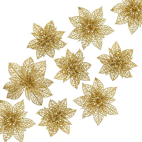Naler 24 Flores Artificiales Decorativas Navidad Poinsettia Artificial de Purpurina Adorno de Árbol de Navidad (Dorado, 8cm, 10cm, 15cm)